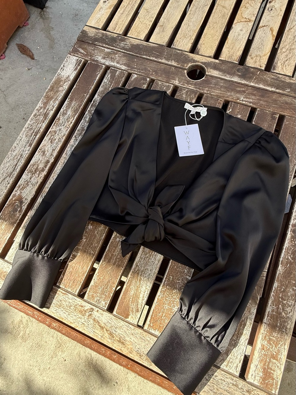 Wayf Black Satin Tie-Front Puff Sleeve Blouse